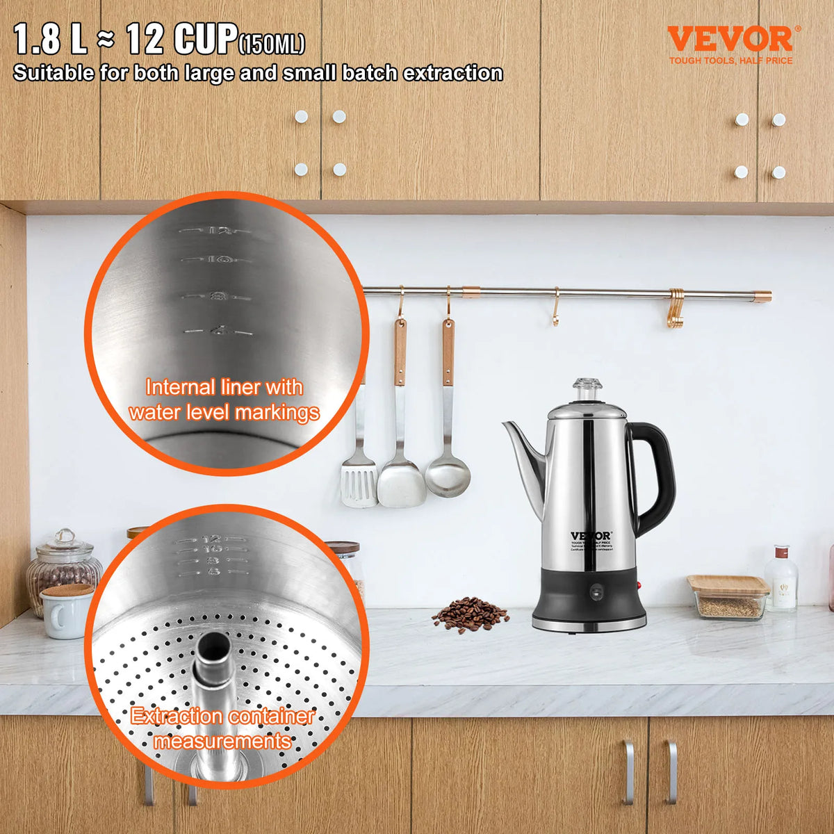 SucceBuy 12-Cup Electric Percolator Coffee Pot 304 Stainless Steel Coffee Percolator with Keep Warm Function